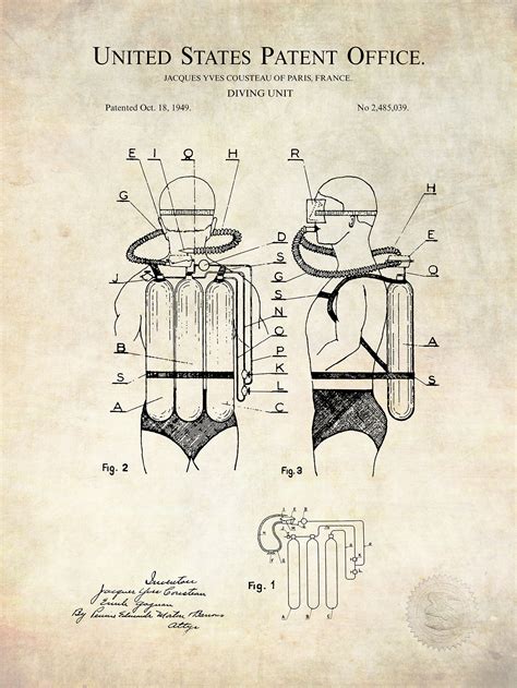 Jacques Cousteau Diving Suit Patent - Vintage Nautical Decor