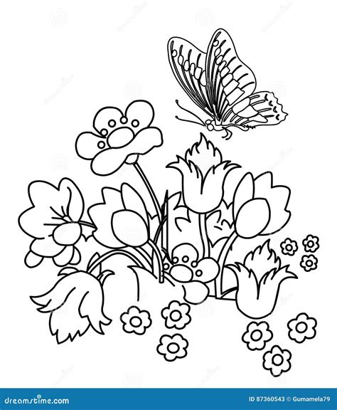 Beautiful Flower Garden And Butterfly Coloring Sheet Stock Illustration