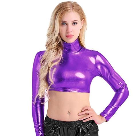 Chictry Women S Metallic Wetlook Leather Long Sleeve Crop Top Clubwear