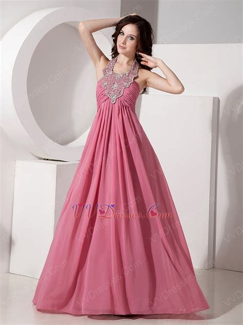 Coral Pink Prom Dress With Beaded Halter Floor Length Skirt