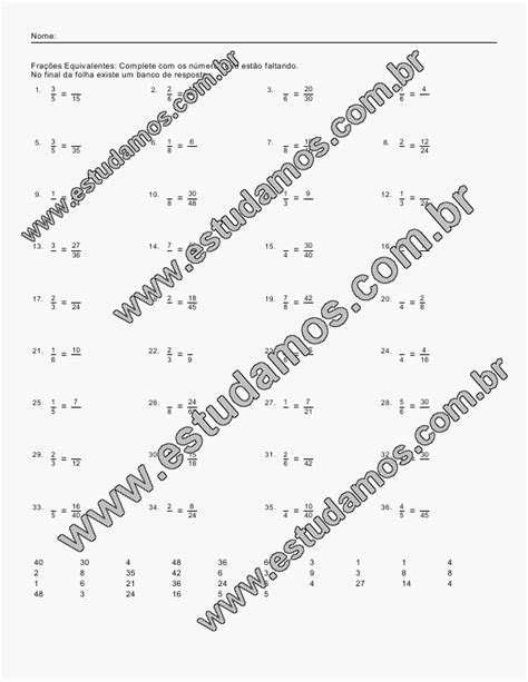 Frações Equivalentes Complete Com Os Números Que Estão Faltando