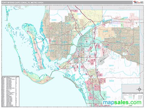 Fort Myers Cape Coral Fl Metro Area Zip Code Wall Map Premium Style By