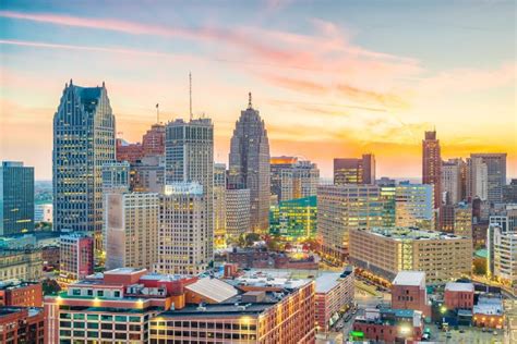 Aerial View of Downtown Detroit at Sunset in Michigan Stock Photo ...