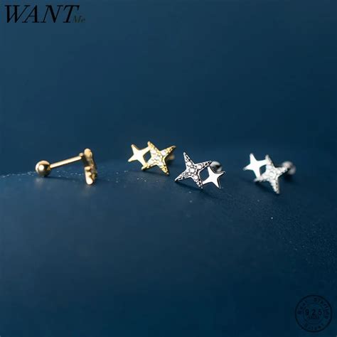 WANTME 925 Sterling Silver Romantic Fashion Gold Star Shiny Zircon Stud