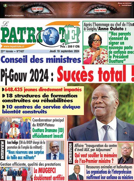 Titrologie De Le Patriote N Du Jeudi Septembre Abidjan