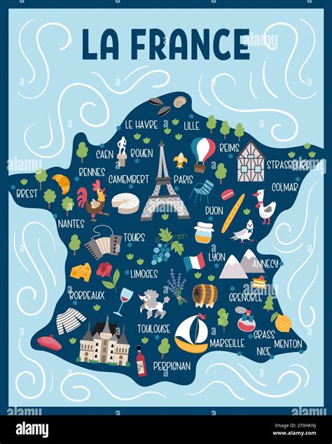 Vector France Map Cartoon Postcard With French Places Of Interest