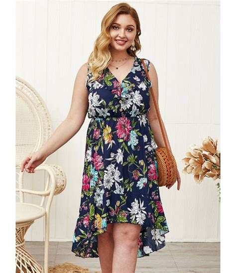 Plus Size Floral Print Ruffle Trim Tank Dress