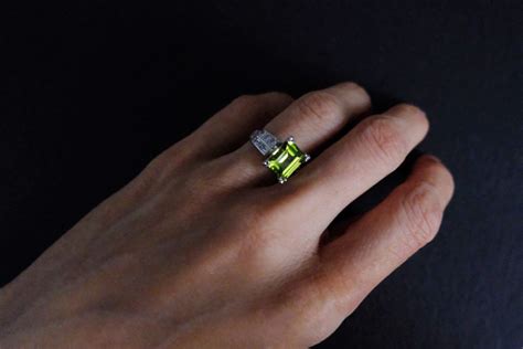 Vintage Platinum Peridot Ring, Emerald Cut | Gem Gardener