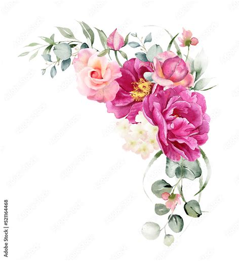 Watercolor Flowers Corner Border Bouquet Pink Peony Rose Flower