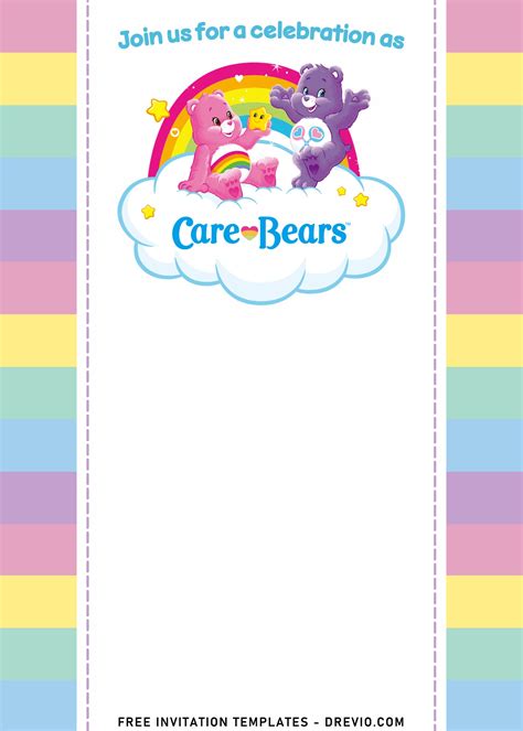 7 Cute Pastel Rainbow Care Bears Girl Birthday Invitation Templates