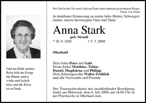 Anna Stark Traueranzeige Trauer Infranken De