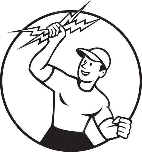 Black And White Cartoon Of An Electrician Holding Up A Circle With A