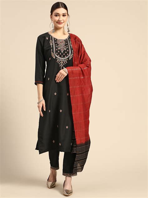 Buy Sangria Women Black Ethnic Motifs Embroidered Pure Cotton Kurta