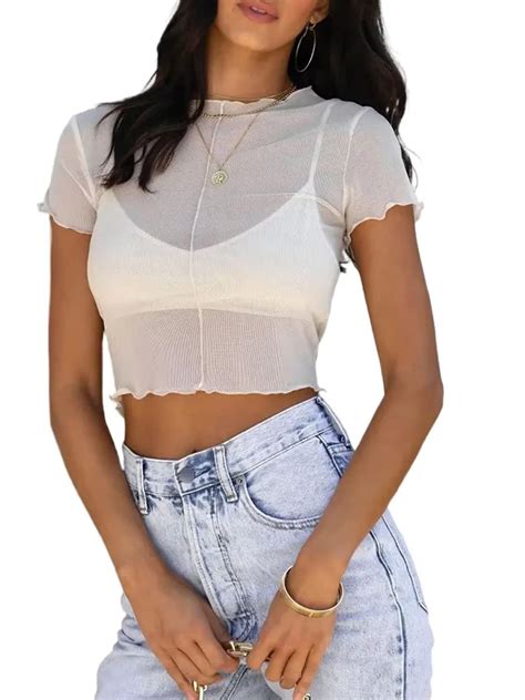 Kishawna Women S Sheer Mesh Crew Neck Short Sleeve Crop Tops T Shirts