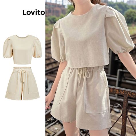 Lovito Women Casual Plain Drawstring Pleated Shorts Set L80ED049