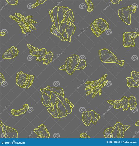 Doodle Pattern Uncooked Chicken Meat Seamless Pattern Vector Stock