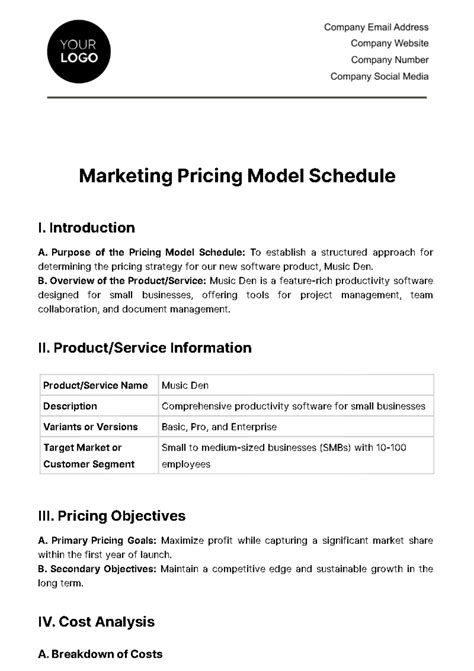 Free Marketing Pricing Model Schedule Template Edit Online And Download