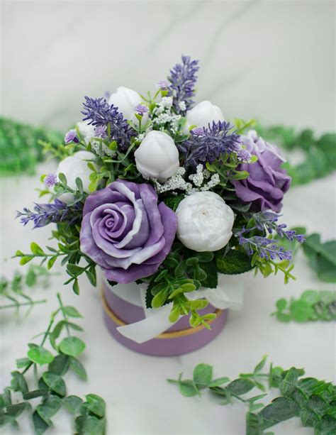 Handmade Soap Bouquet Of Purple Roses Soaps And White Buds Soaps With