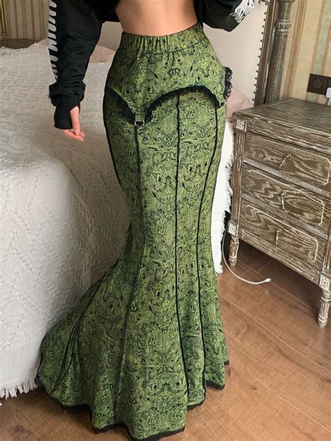 Darlingaga Vintage Fashion Elegant Green Trumpet Long Skirt Graphic