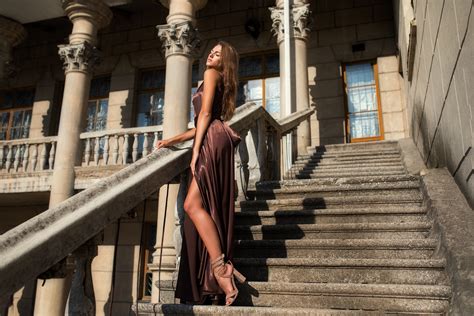 Margarita Chelnokova Stairs Brown Haired Dress Hands Legs Hd