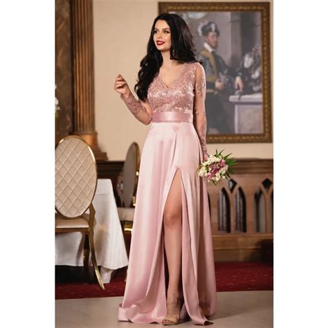 Rochie Eleganta De Seara Joana Din Tafta Roz Lunga Cu Bust Din Dantela