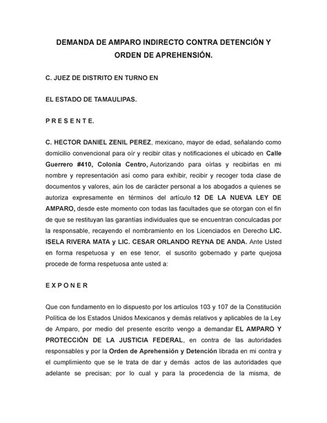 Demanda De Amparo Indirecto Contra Detenci N Y Orden De Aprehensi N