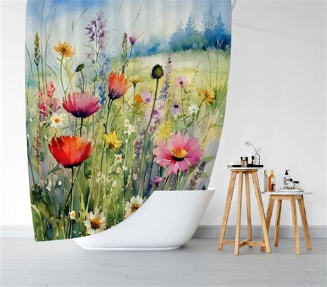 Wildflowers Shower Curtain Boho 71x74 In Meadow Watercolor Flowers