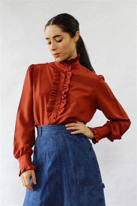 Rust Ruffle Blouse S Dark Red Blouse Vintage Ruffled Top Etsy