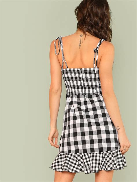 Asymmetrical Ruffle Hem Gingham Tied Cami Dress Shein Sheinside