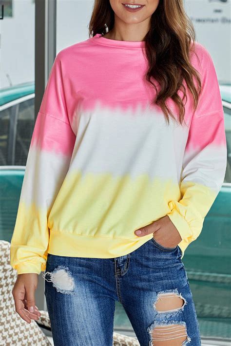 499 Pink Color Block Tie Dye Pullover Sweatshirt Wholesale