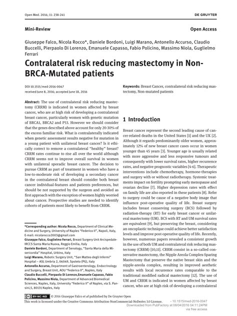 Pdf Contralateral Risk Reducing Mastectomy In Non Brca Mutated Patients