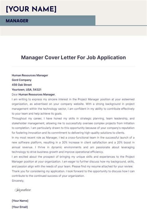 Free Manager Cover Letter For Job Application Template to Edit Online
