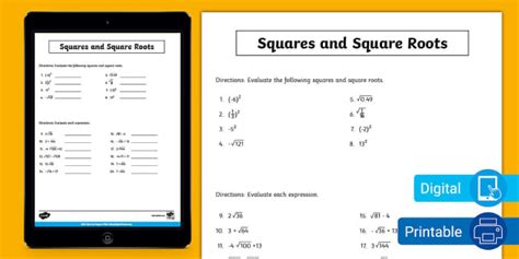 Eighth Grade Squares And Square Roots Worksheet Twinkl