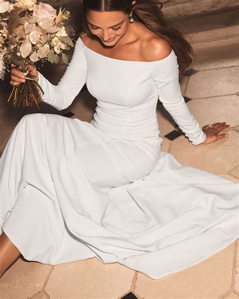 Off The Shoulder Buttoned Back Crepe Wedding Dress Davids Bridal