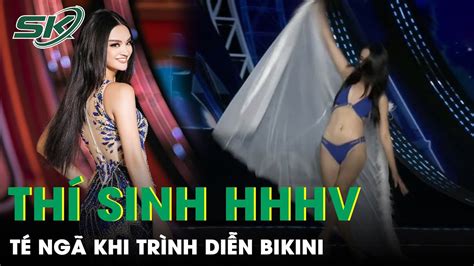 Thí Sinh Hoa Hậu Hoàn Vũ VN Té Sõng Soài Khi Diễn Bikini Chi Tiết Trên Sân Khấu Gây Tranh Cãi