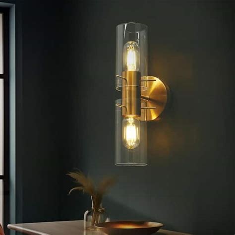 LNC Modern 13 4 In 2 Light Plated Brass Wall Sconce With Cylinder