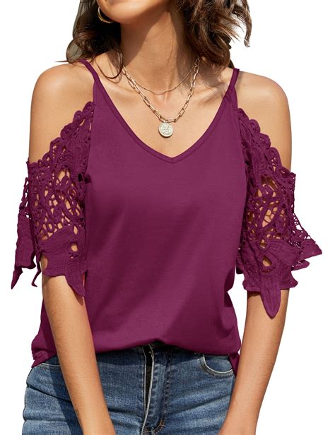 Zhenwei Womens Summer V Neck Cold Shoulder Tops T Shirts Cut Out Lace