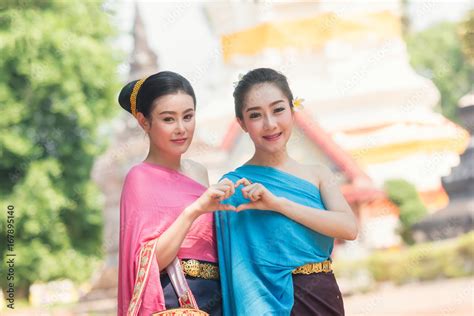 Beautiful Laos Girls In Traditional Lao Traditional Dress Are Standing