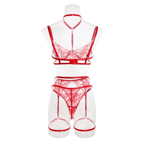 Valentines Fancy Lingerie Set Floral Embroidery Women Sexy Thongs And