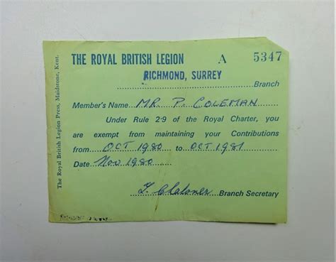 British Legion membership card; The Royal British Legion Press; 1980 ...