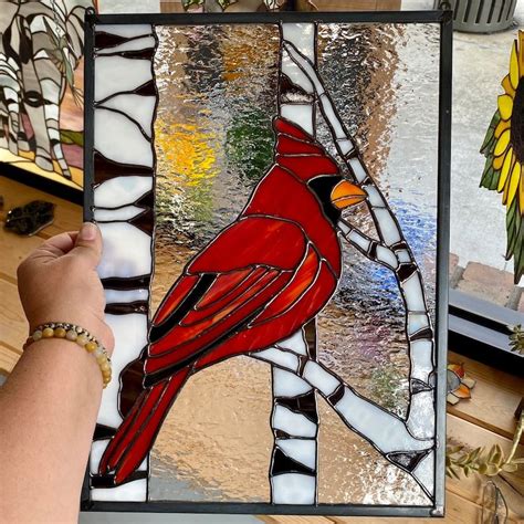 Handcrafted Stained Glass Panel With Red Cardinal And White Birch Trees Home Decor Window