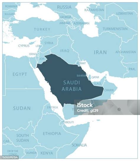 Arab Saudi Peta Biru Dengan Negara Tetangga Dan Nama Ilustrasi Stok