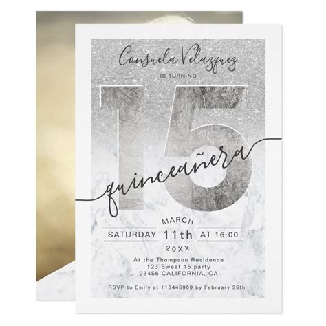 Silver Glitter Foil Chic Marble Quinceanera Photo Invitation Zazzle