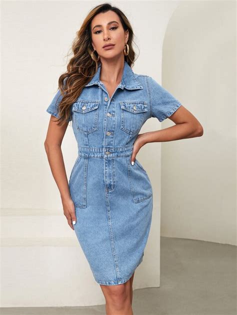 Shein Essnce Casual Eenkleurig Denim Jurk Zak Voorpand Met Knoopjes