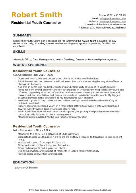 Residential Youth Counselor Resume Samples Qwikresume