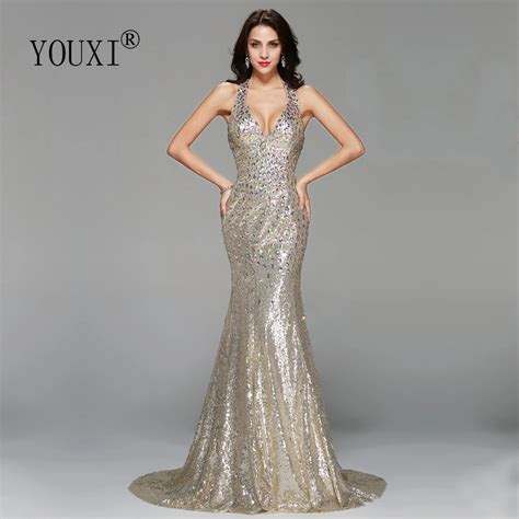 Sexy Sequin Prom Dress 2020 Long Champagne Colorful Rhinestone Crystal