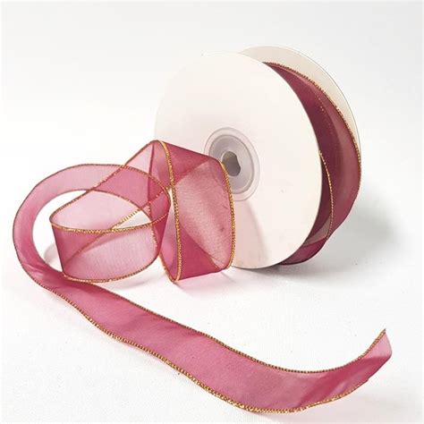 Organza Ribbon Gold Edge Mm Burgundy Desflora