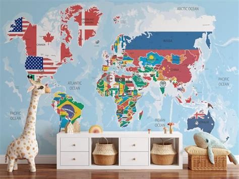 Countries Map And Flags Wallpaper World Map Removable Wallpaper