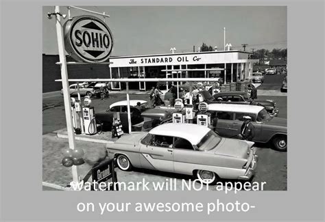 Vintage Standard Oil Gas Station Photo Sohio 1950s Chevy Fordplymouth