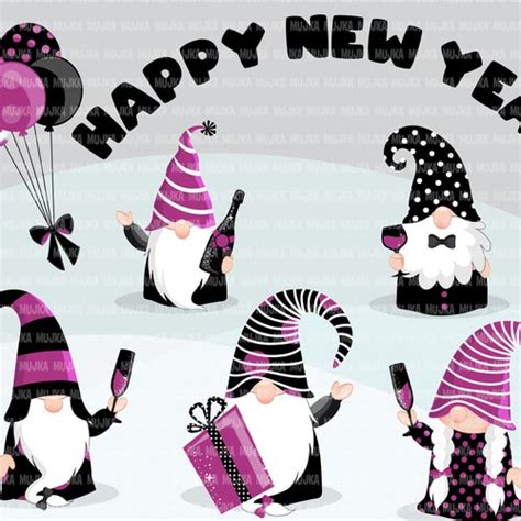 Gnome Clipart Happy New Year Graphics Celebrating Gnomes Etsy